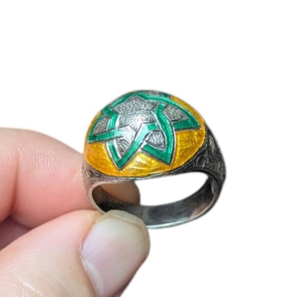 Vintage Sterling Silver Enamel Eastern Star 6 Point 925 Size 9 Dome Boho Stamped - Picture 2 of 9